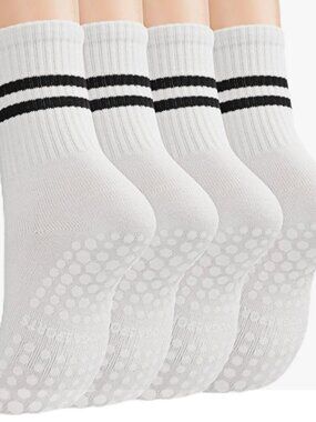 NWOT 4x Pairs Grippy Yoga Pilates Crew Socks - Women 6-10 White w/ Black Stripes
